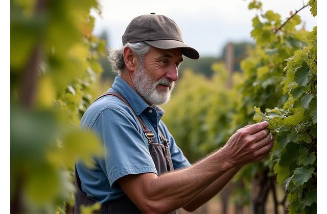 Vigneron inspecting vines in Bordeaux