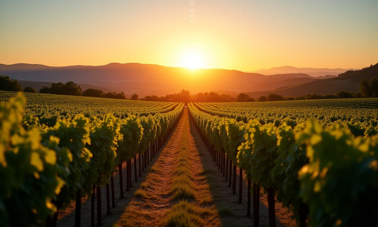 Bordeaux vineyard at sunrise with subtle digital overlay
