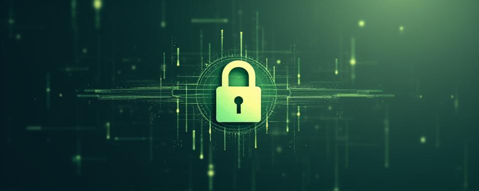 Abstract illustration of data privacy and security with padlock icon and flow of digital information.